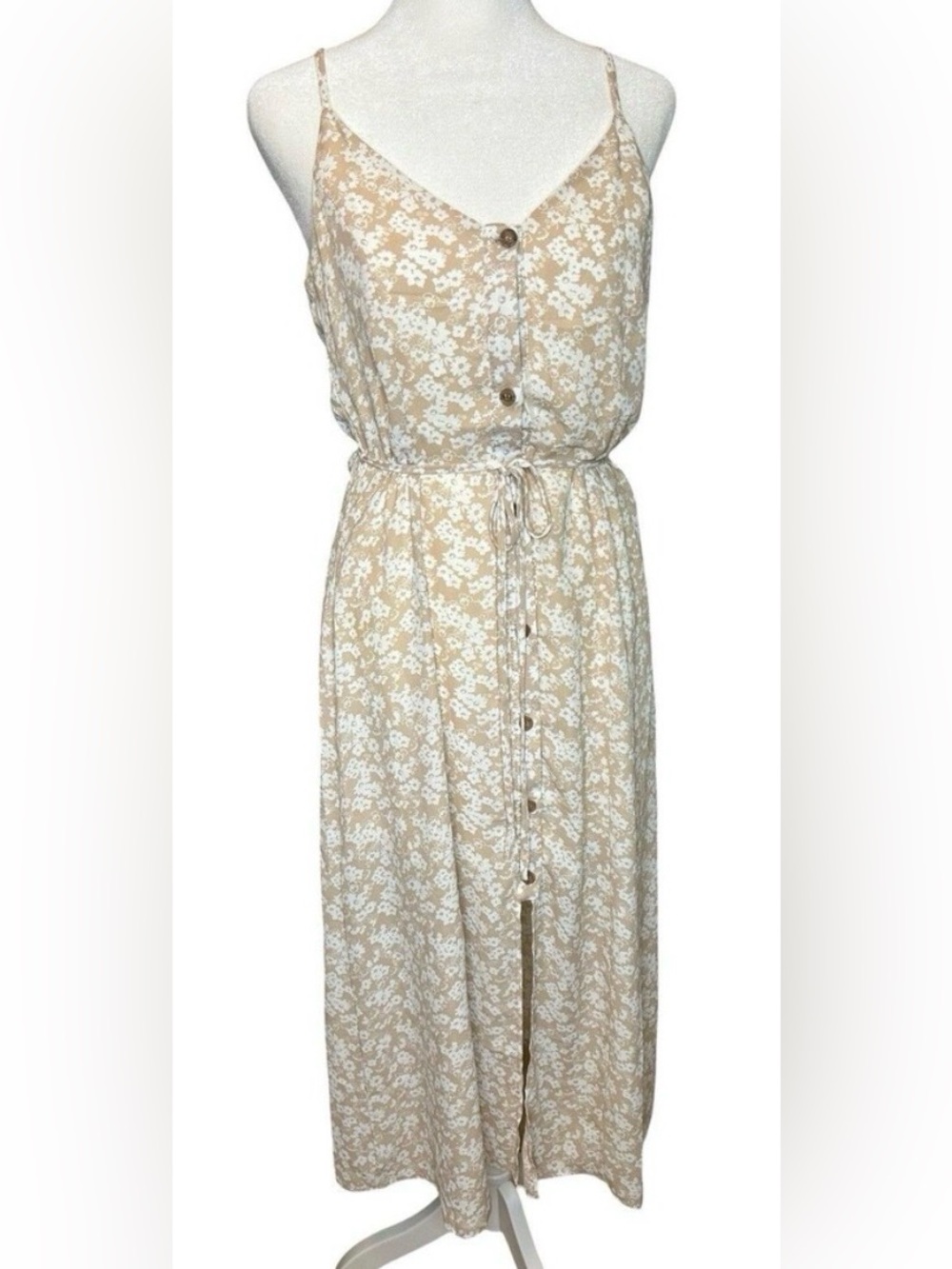 Sienna Sky Midi Dress Sundress MEDIUM Latte Ditsy Floral Garden Party Neutrals
